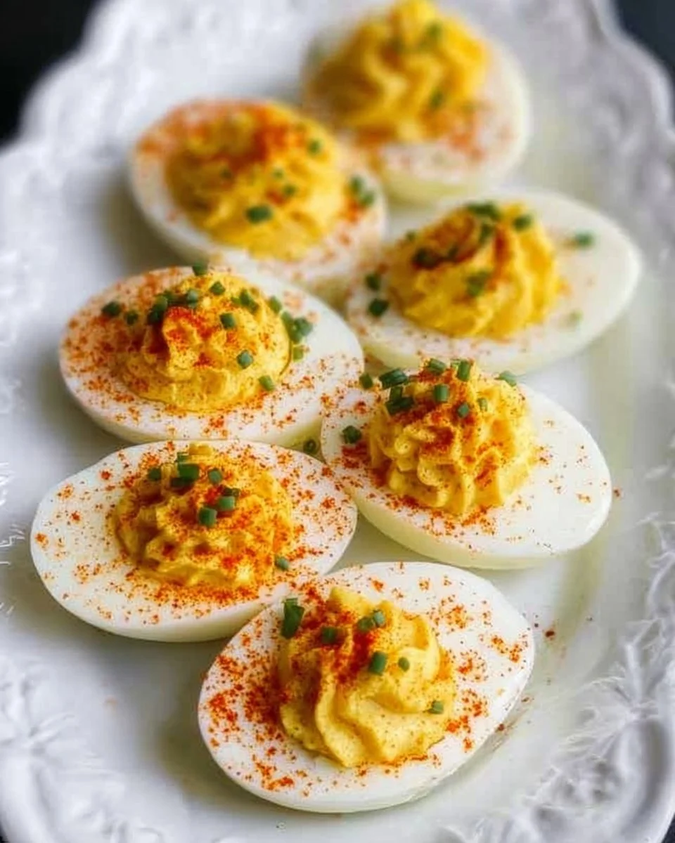Plate of classic deviled eggs garnished with paprika and fresh herbs
