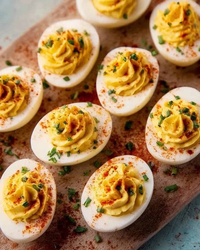 Delicious classic deviled eggs on a serving platter.