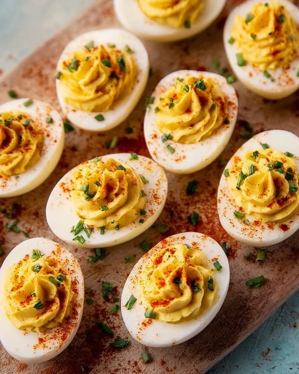 Delicious classic deviled eggs on a serving platter.