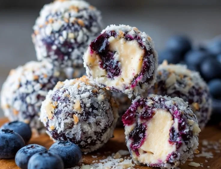 Healthy blueberry cheesecake protein energy balls recipe