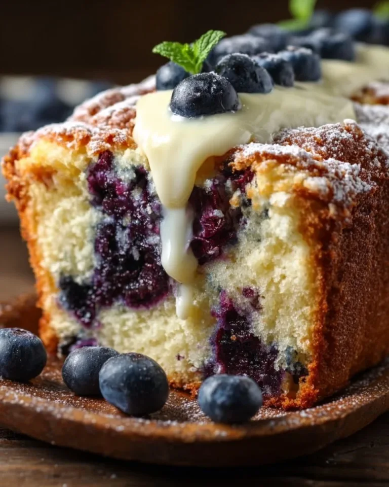 Blueberry cream cheese muffin cake slice on a plate with fresh blueberries