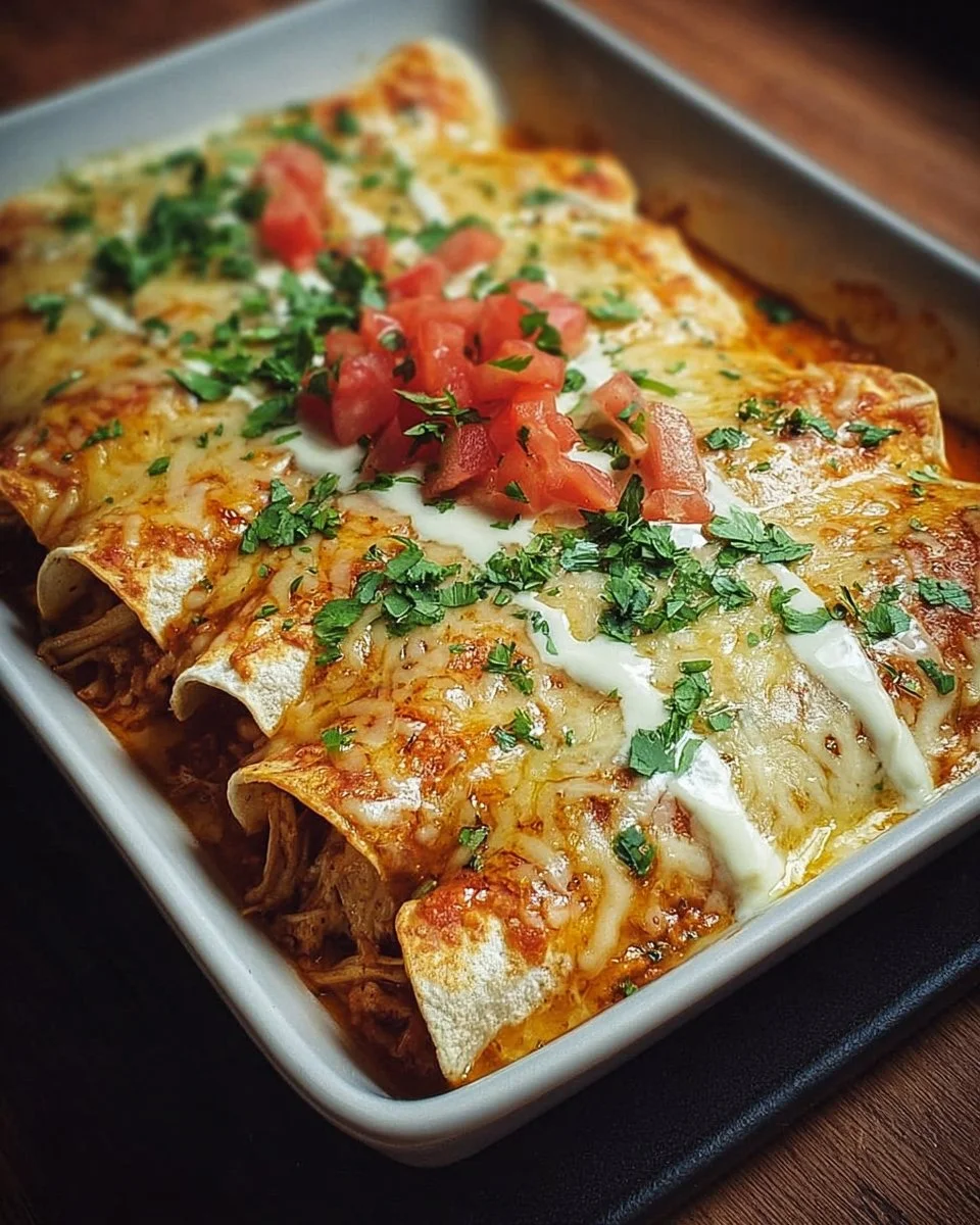 Cheese chicken enchiladas topped with melted cheese and garnished