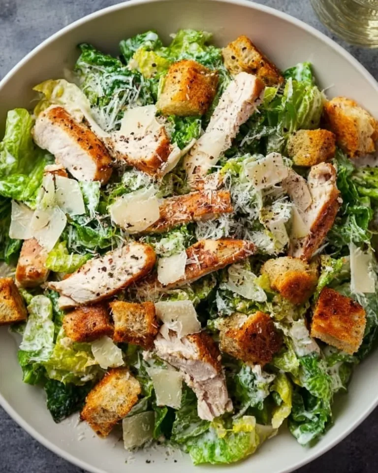 Delicious Chicken Caesar Salad with grilled chicken, romaine lettuce, croutons, and dressing