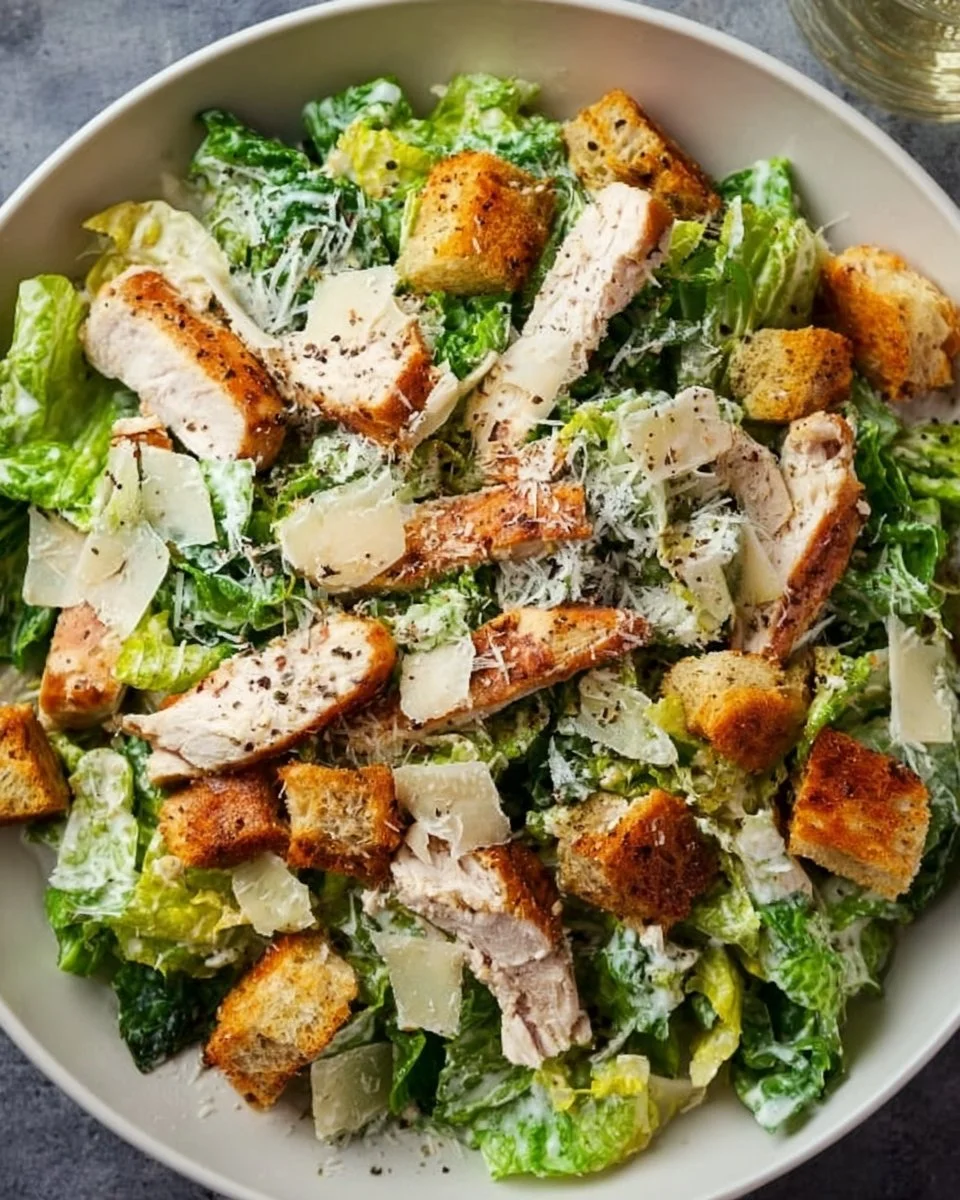 Delicious Chicken Caesar Salad with grilled chicken, romaine lettuce, croutons, and dressing