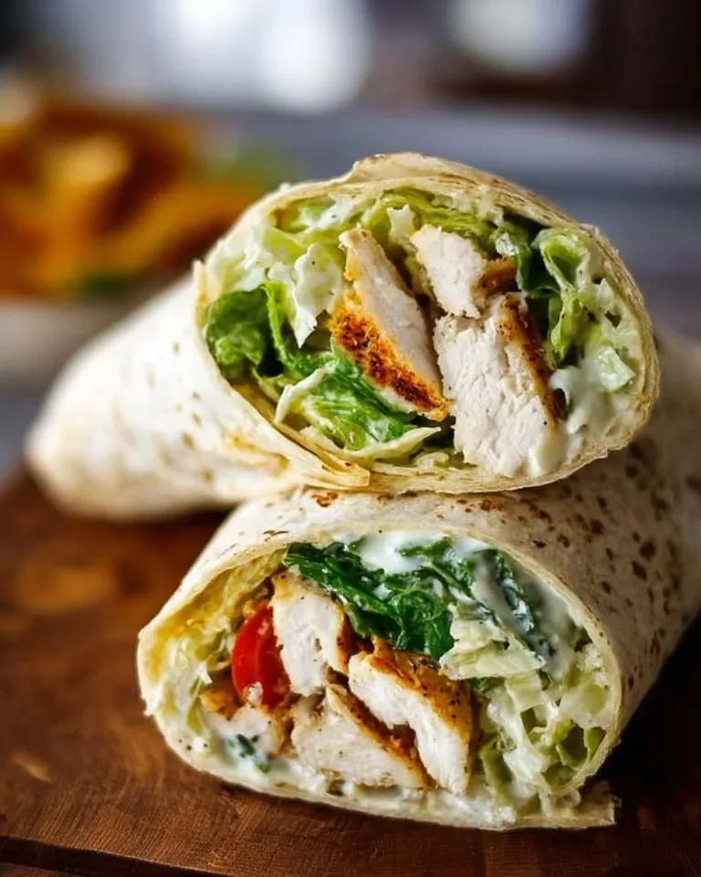 Delicious Chicken Caesar Wrap with chicken, romaine, and Caesar dressing