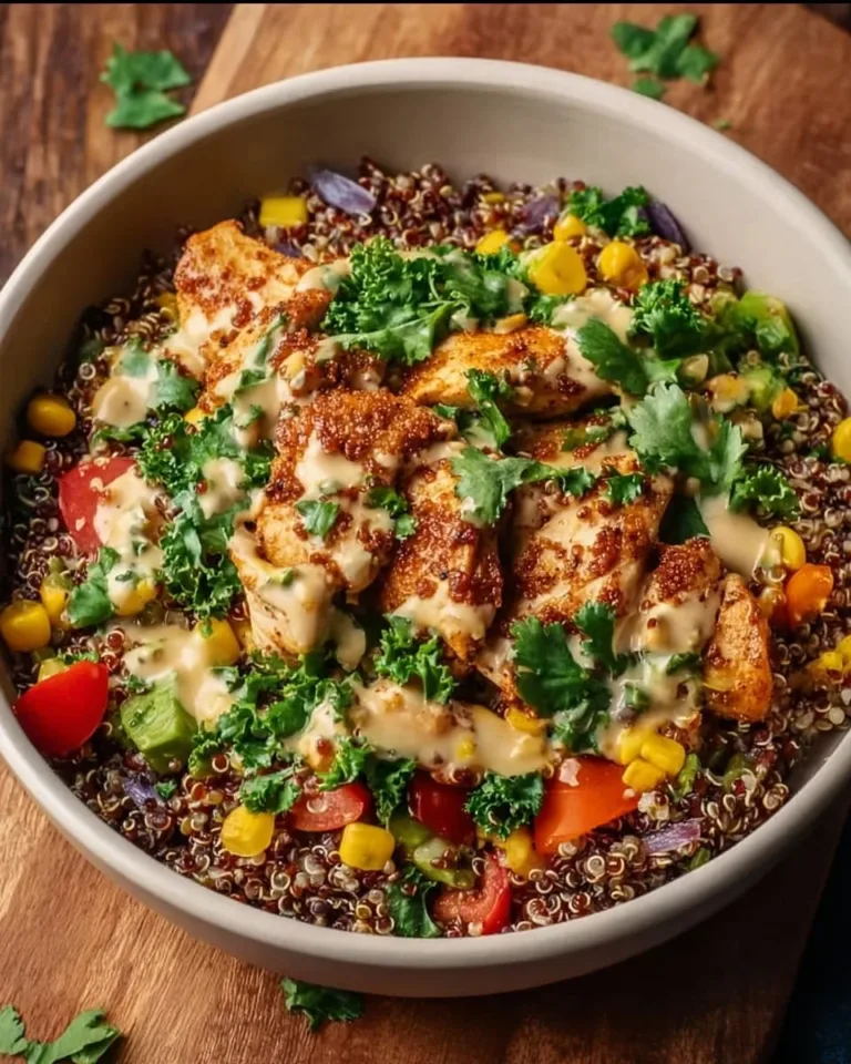 Healthy Chicken Quinoa Dinner Bowl with vibrant vegetables and herbs
