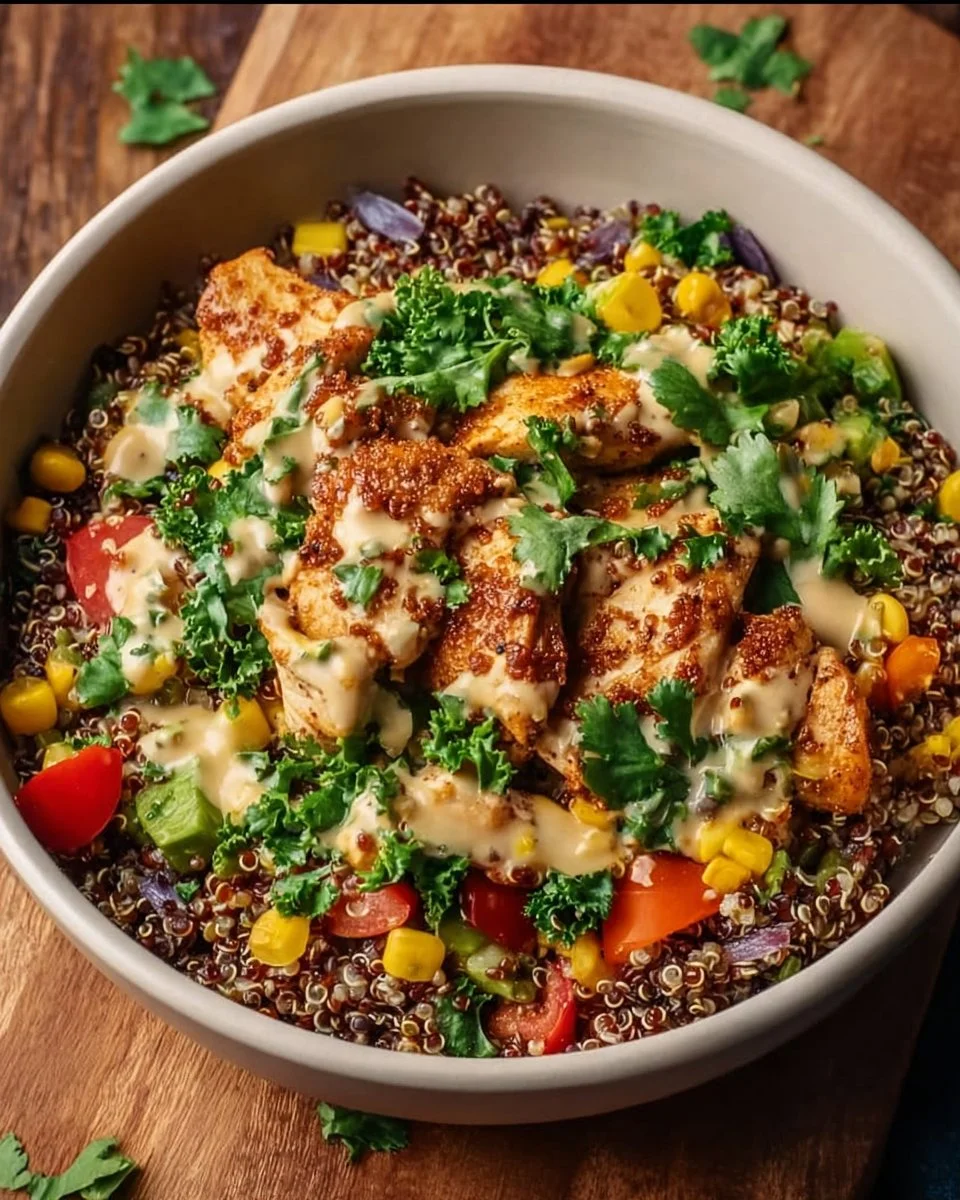 Healthy Chicken Quinoa Dinner Bowl with vibrant vegetables and herbs