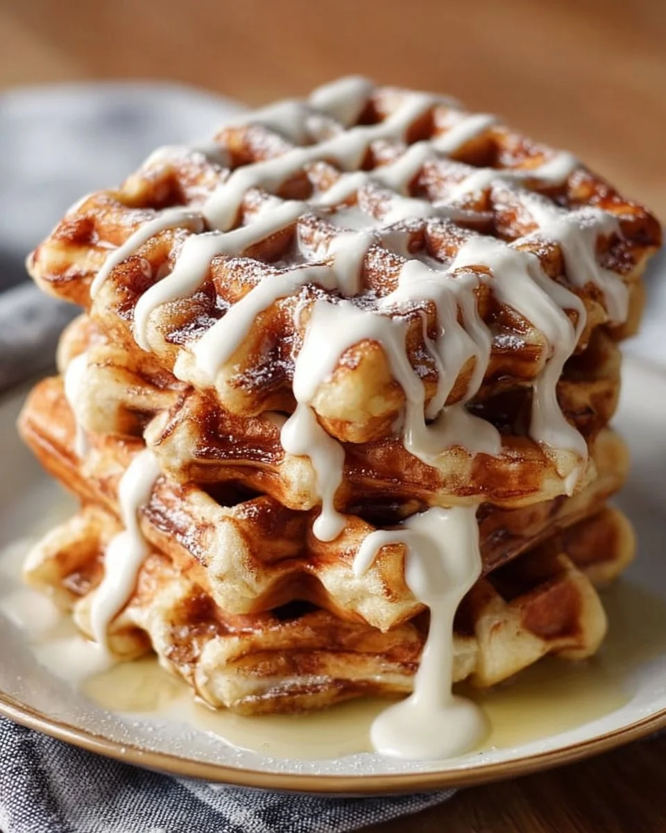 Delicious cinnamon roll waffles topped with icing on a plate