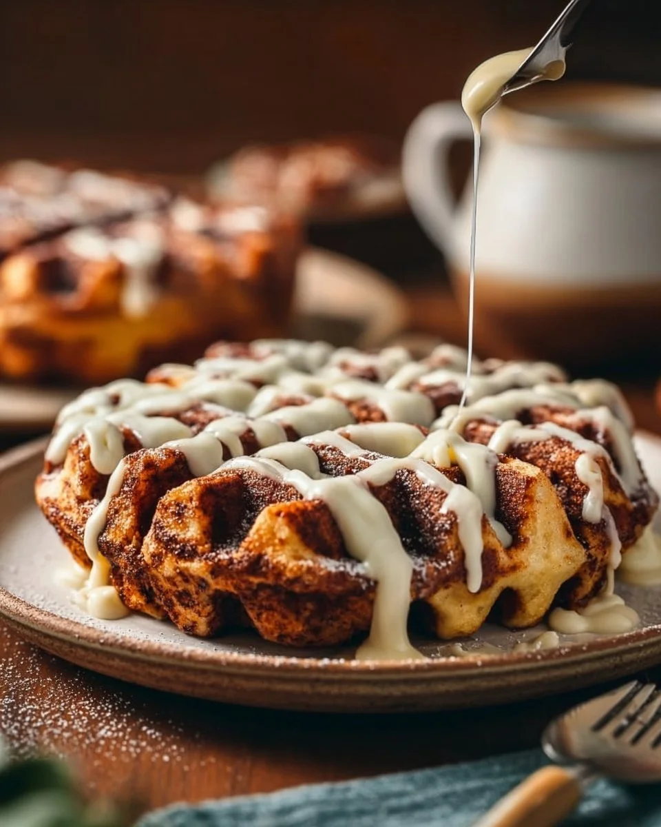 Cinnamon Roll Waffles with Cream Cheese Drizzle