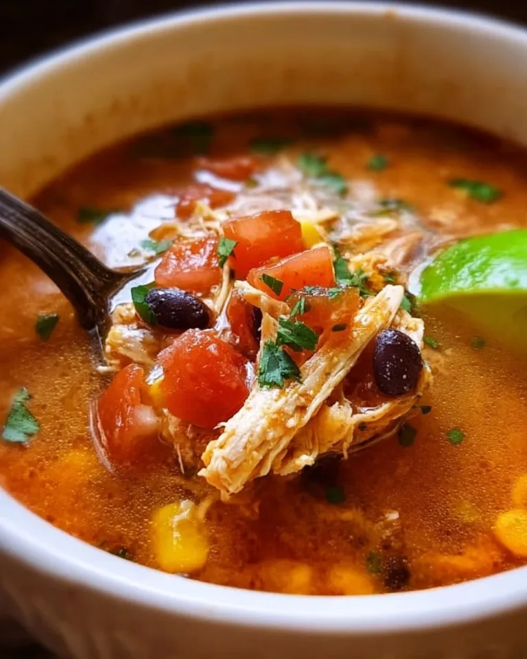 Bowl of Classic Chicken Tortilla Soup garnished with tortilla strips and fresh cilantro