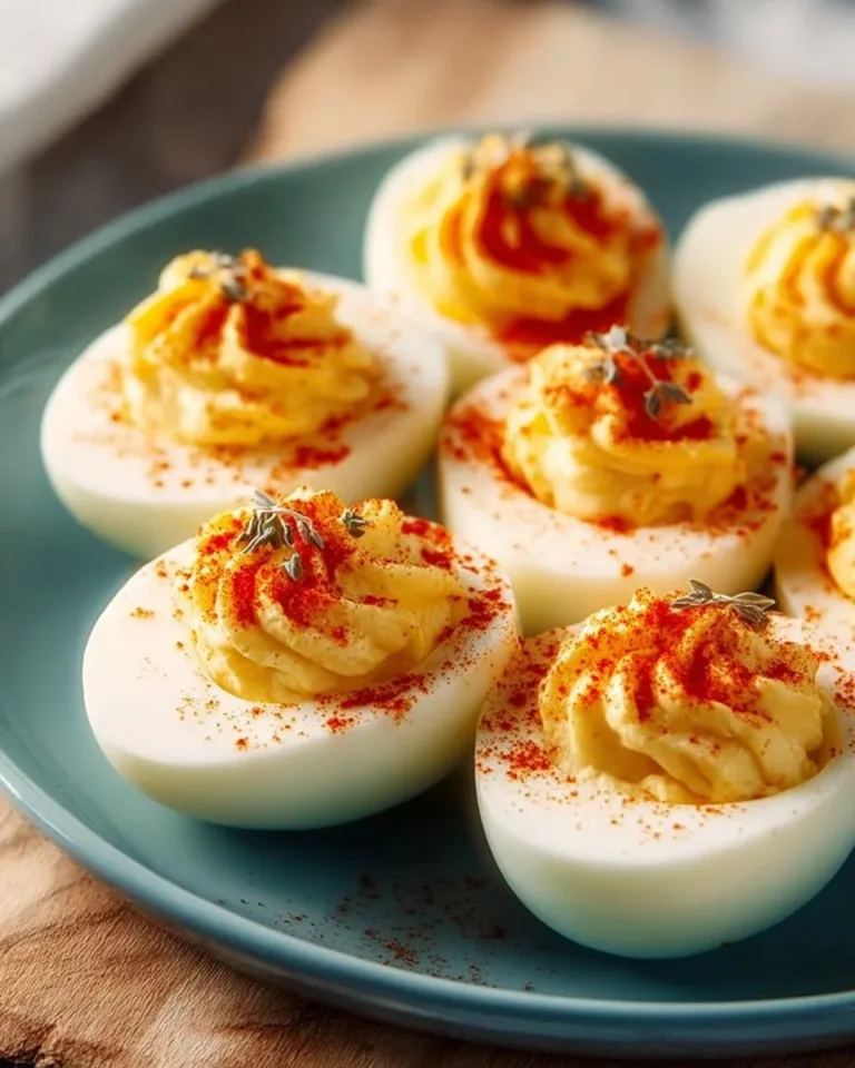 A plate of classic deviled eggs garnished with paprika and herbs.