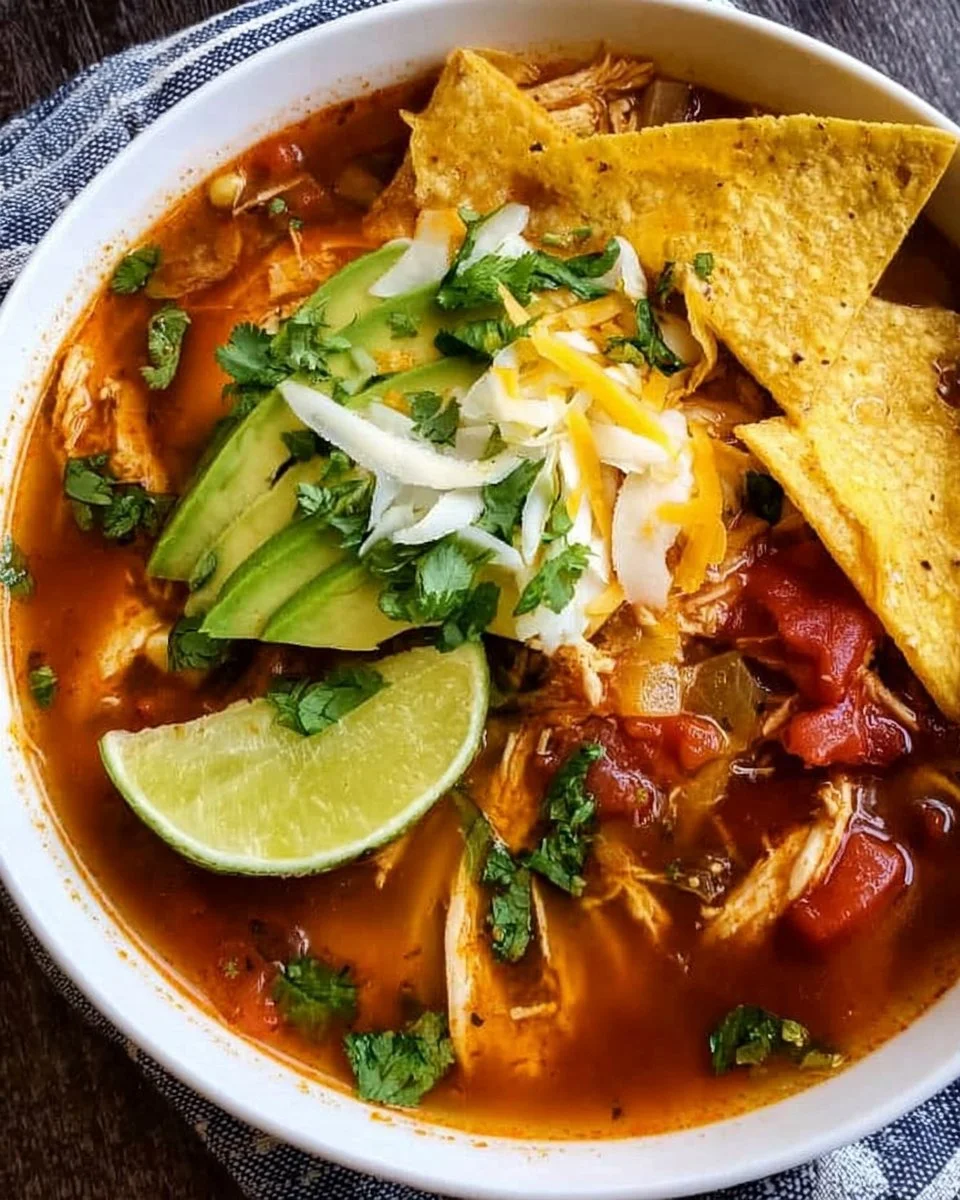 Bowl of cozy Chicken Tortilla Soup garnished with tortilla strips and cilantro