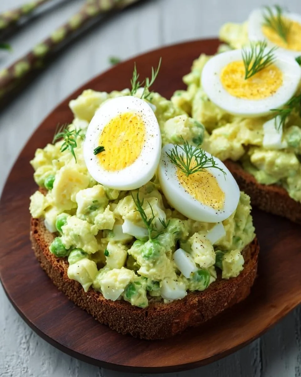 Creamy avocado and egg salad in a bowl garnished with herbs