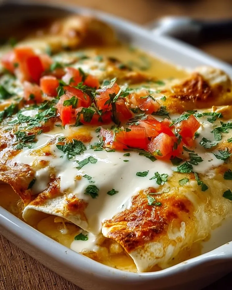Creamy chicken enchilada bake topped with melted cheese and fresh ingredients.