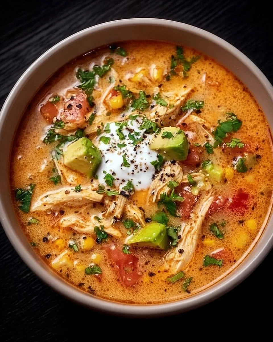 Creamy Chicken Tortilla Soup garnished with cilantro and tortilla strips in a bowl