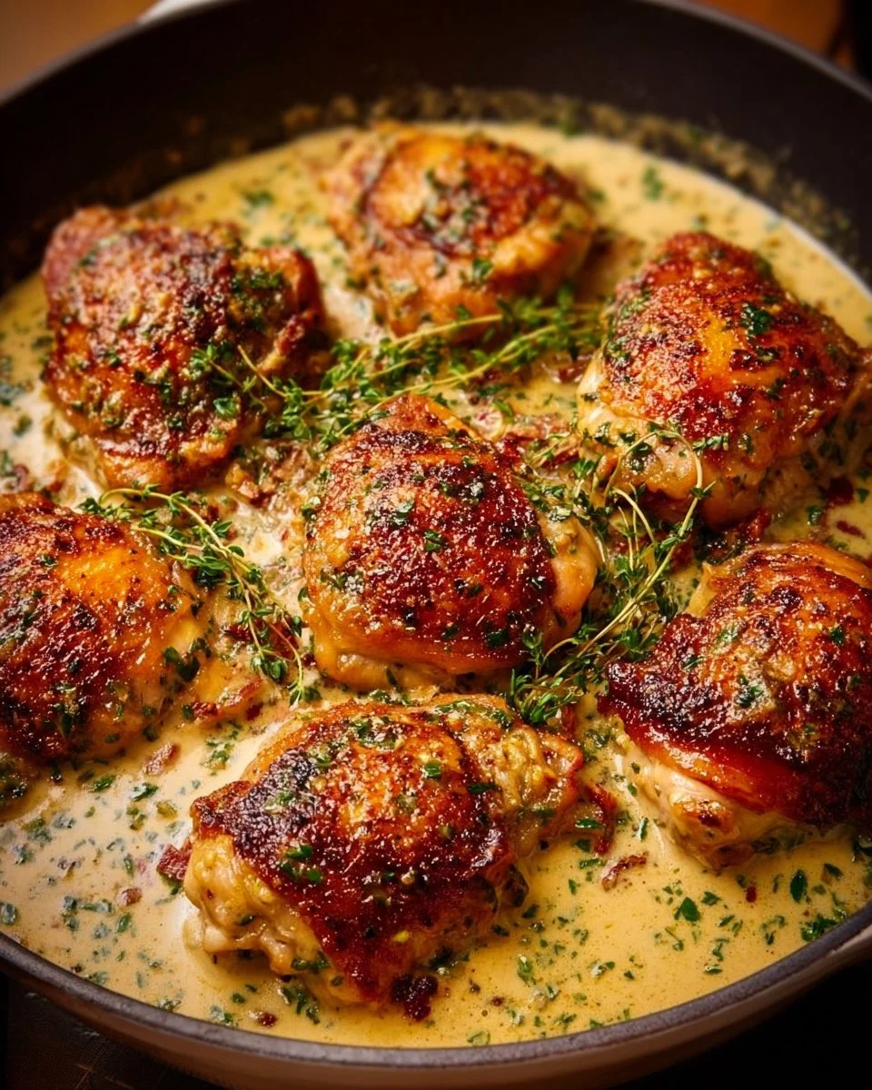 Creamy garlic skillet chicken served with fresh herbs and a creamy sauce