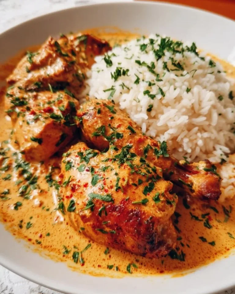 Plate of creamy paprika chicken served with rice, garnished with parsley.