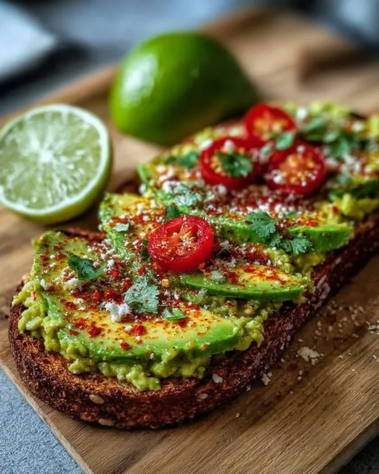 Creamy spicy avocado toast topped with red pepper flakes and cilantro.