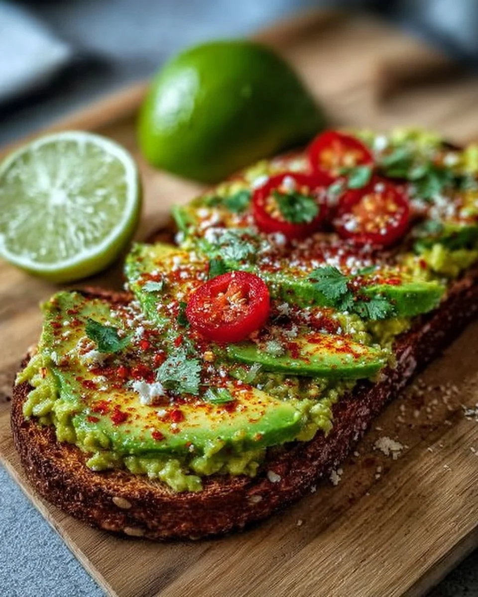 Creamy spicy avocado toast topped with red pepper flakes and cilantro.