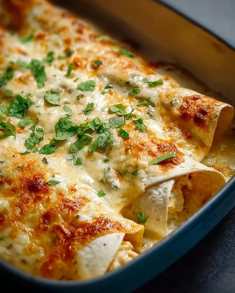 Creamy white chicken enchiladas served with cheese and sauce