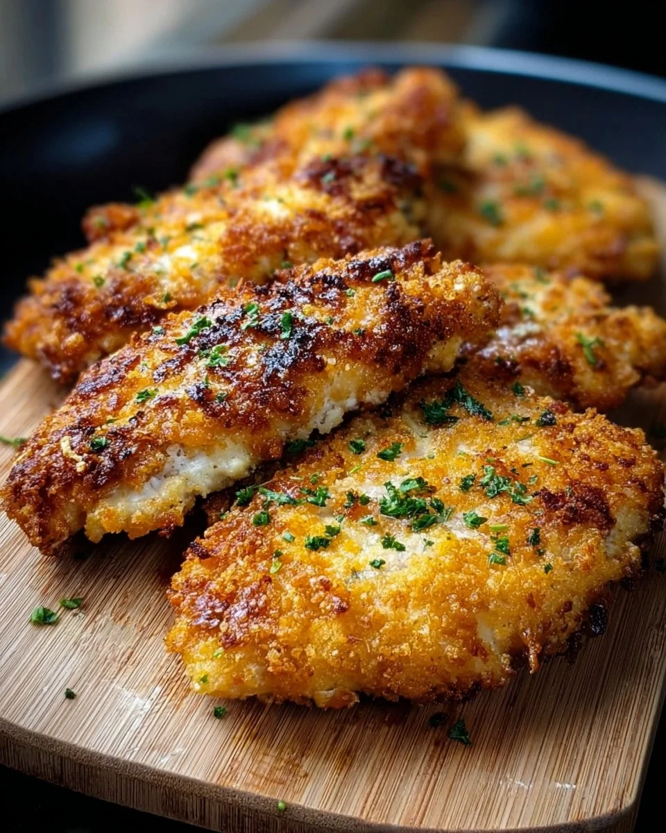 Crispy Air Fryer Parmesan Crusted Chicken served on a plate with herbs