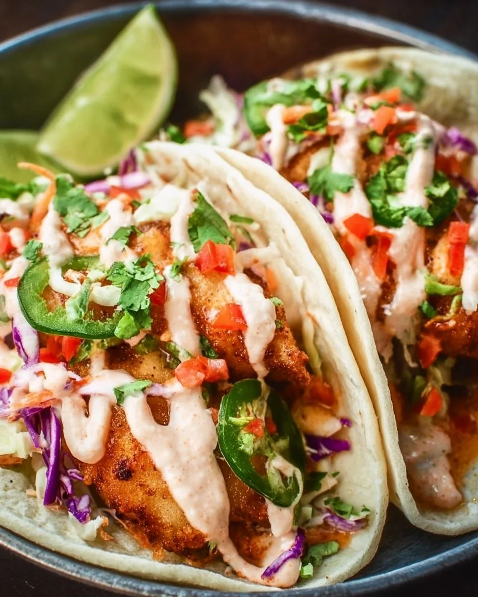 Crispy Baja fish tacos with fresh ingredients and vibrant toppings