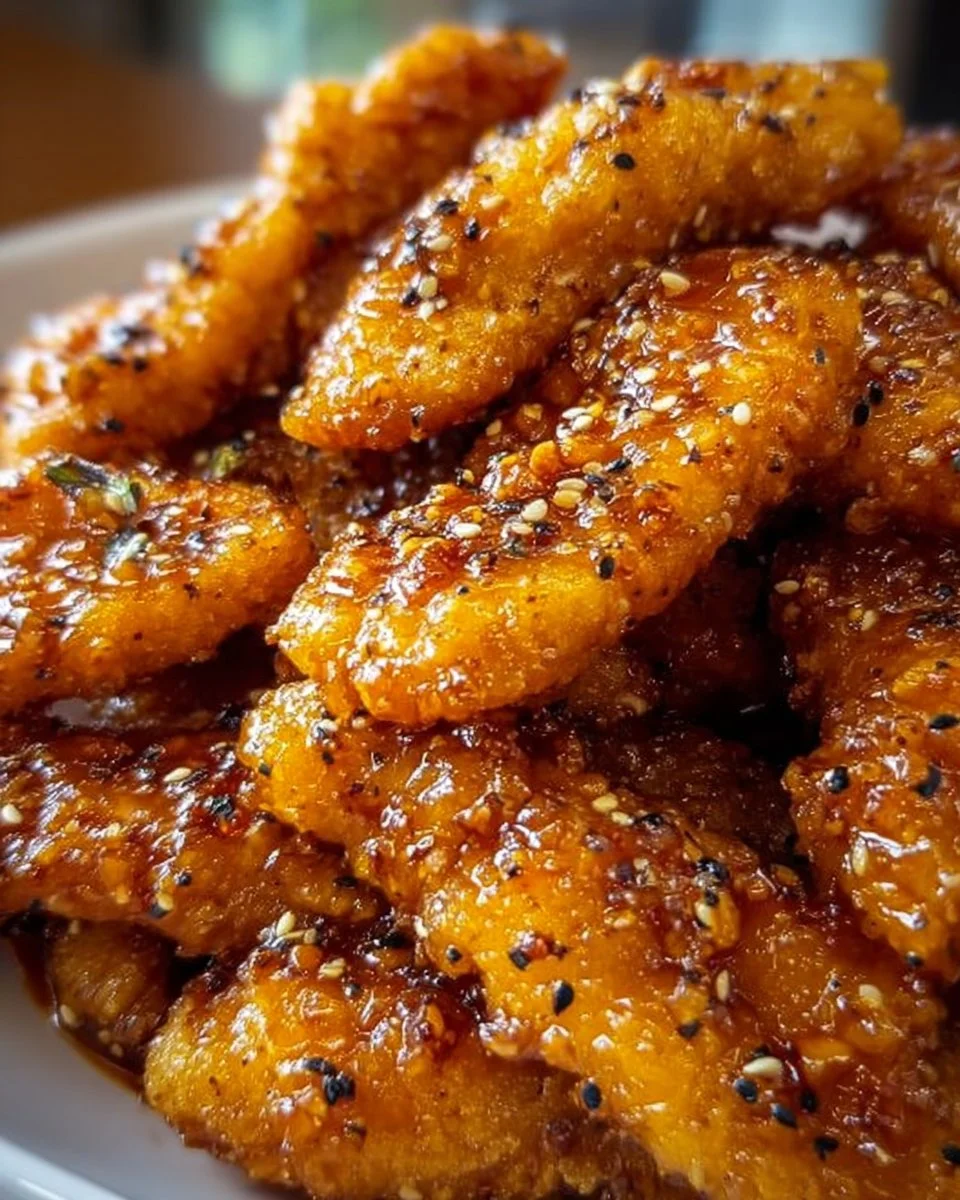 Crispy honey garlic tenders served with a side of dipping sauce