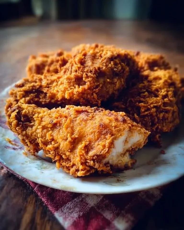 Golden crispy Southern fried chicken on a plate with herbs and spices