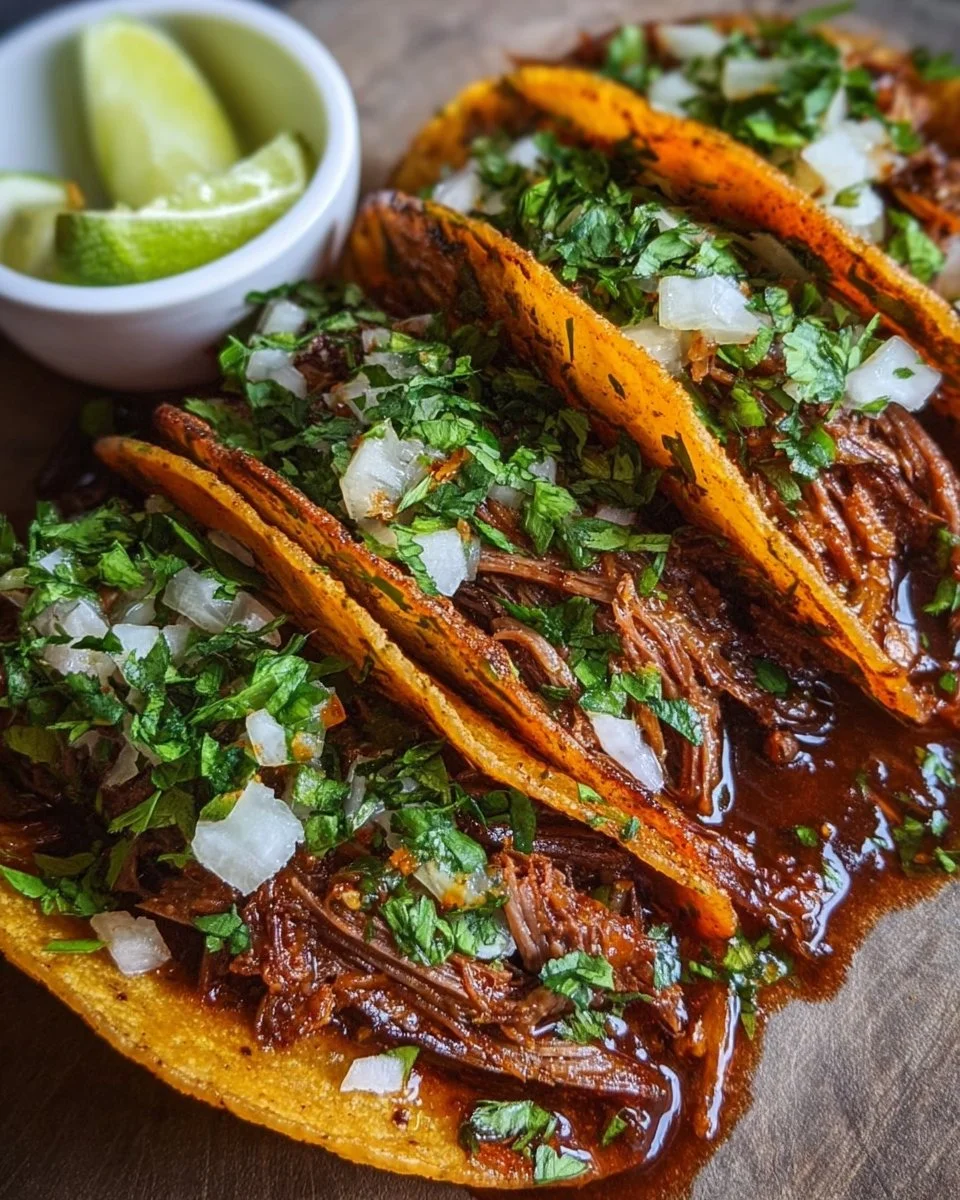 Crock Pot Birria Tacos with rich broth and fresh toppings