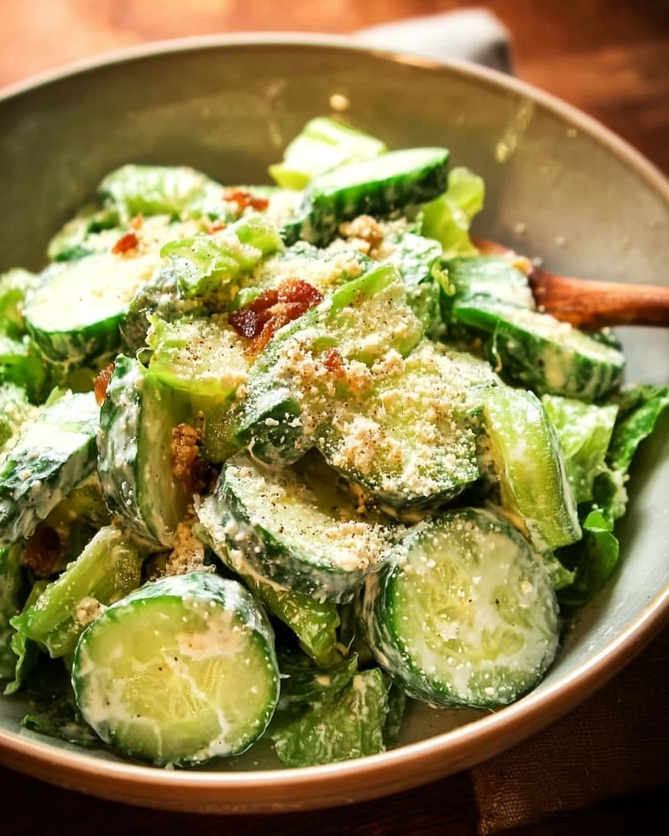 Delicious Cucumber Caesar Salad garnished with croutons and parmesan cheese