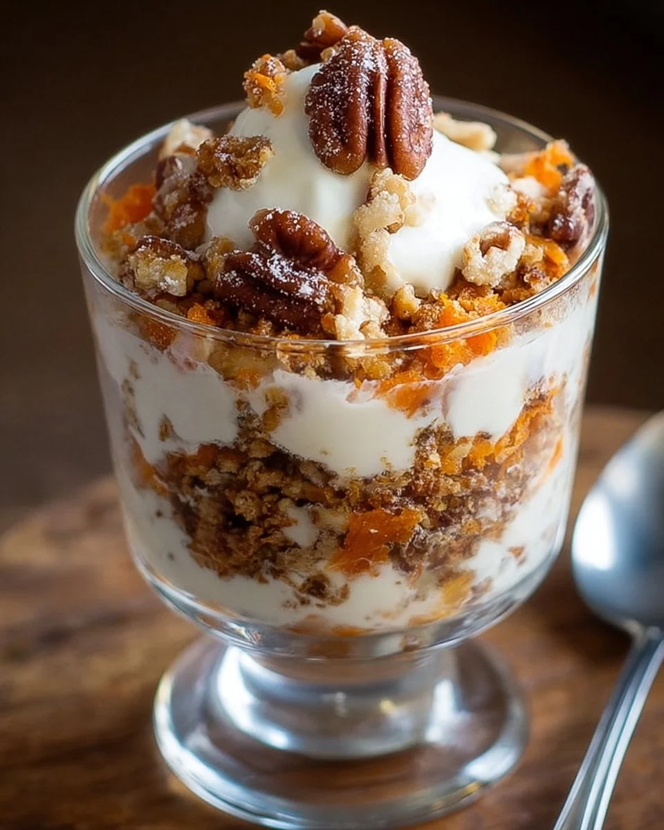Easy carrot cake yogurt parfait with layers of yogurt, carrots, and spices