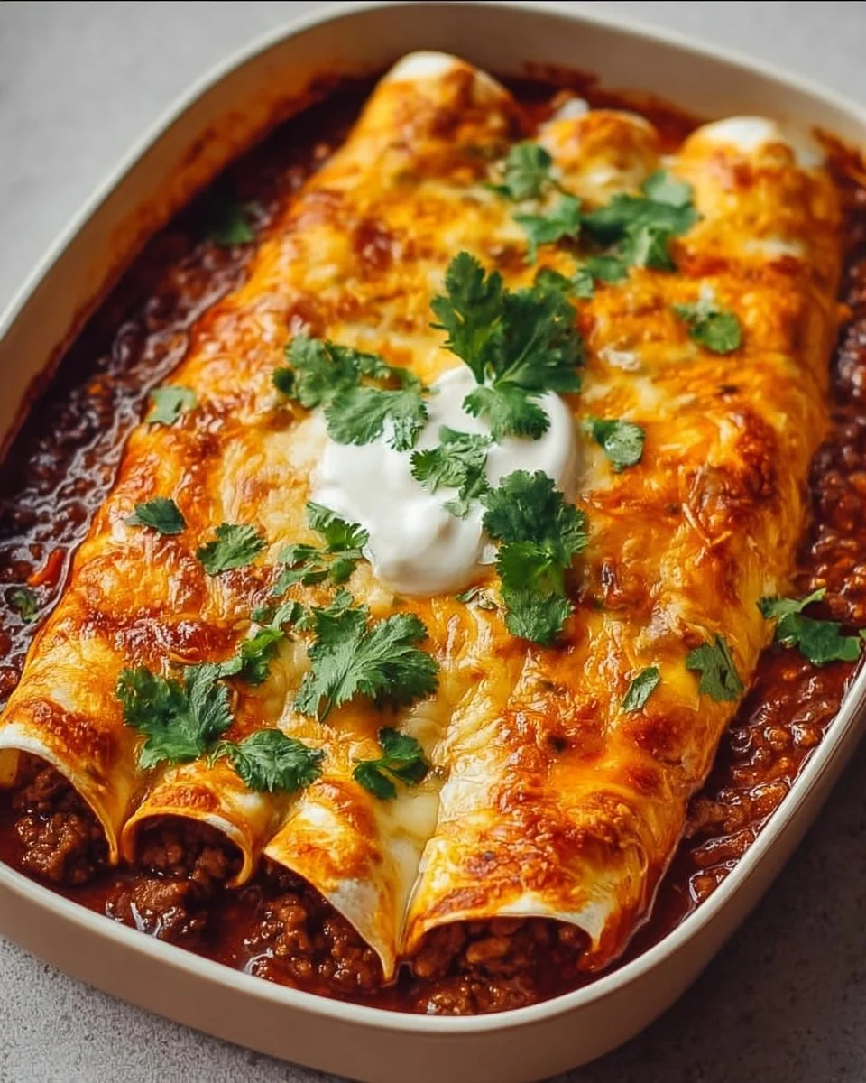Delicious easy cheesy ground beef enchiladas served on a plate