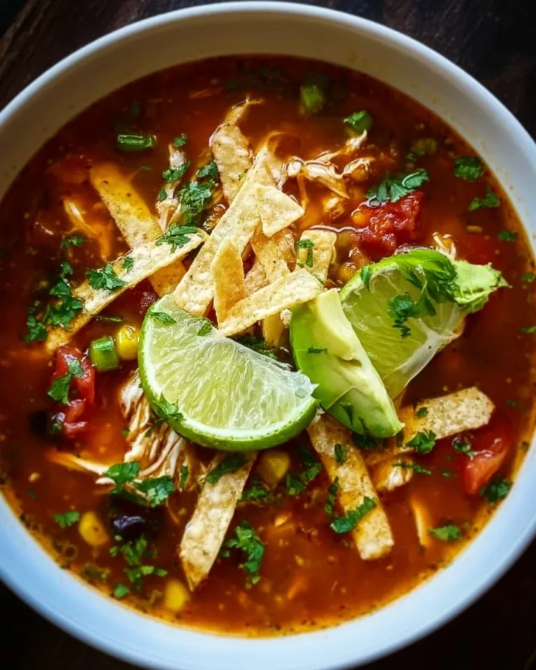 Bowl of easy chicken tortilla soup with tortilla strips and fresh toppings
