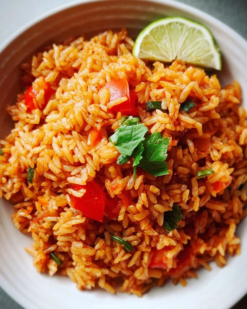 Bowl of Easy Family Tomato Rice served with fresh herbs