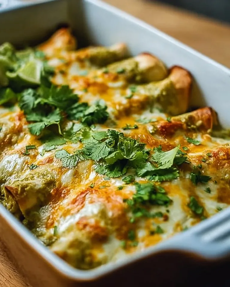 Plate of easy green chicken enchiladas topped with cheese and cilantro