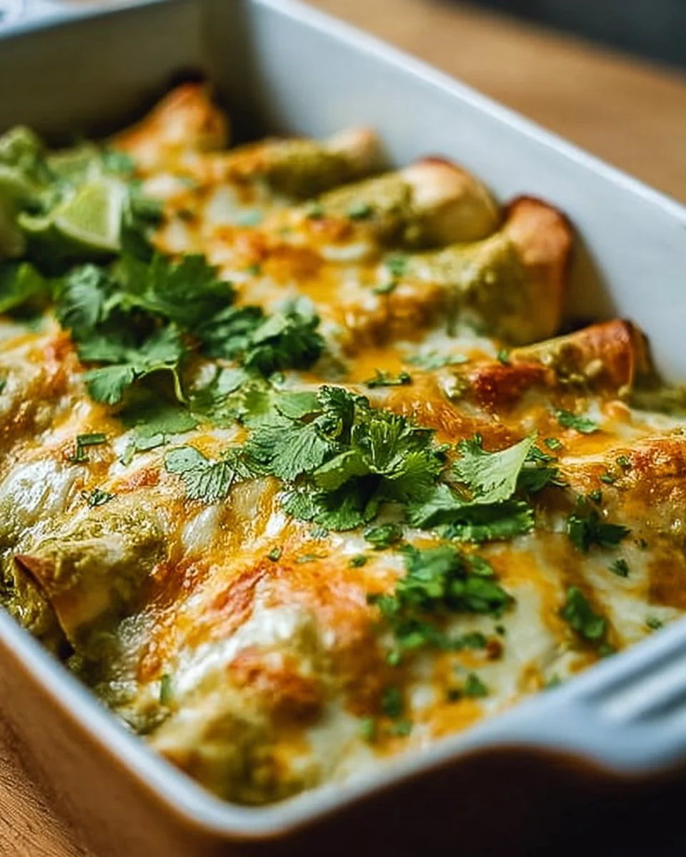 Plate of easy green chicken enchiladas topped with cheese and cilantro