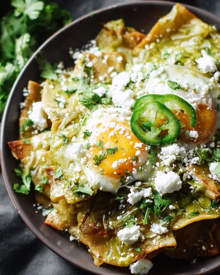 Plate of easy green chilaquiles topped with cilantro and avocado