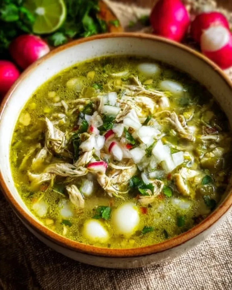 Bowl of Easy Mexican Chicken Green Pozole topped with radishes and cilantro