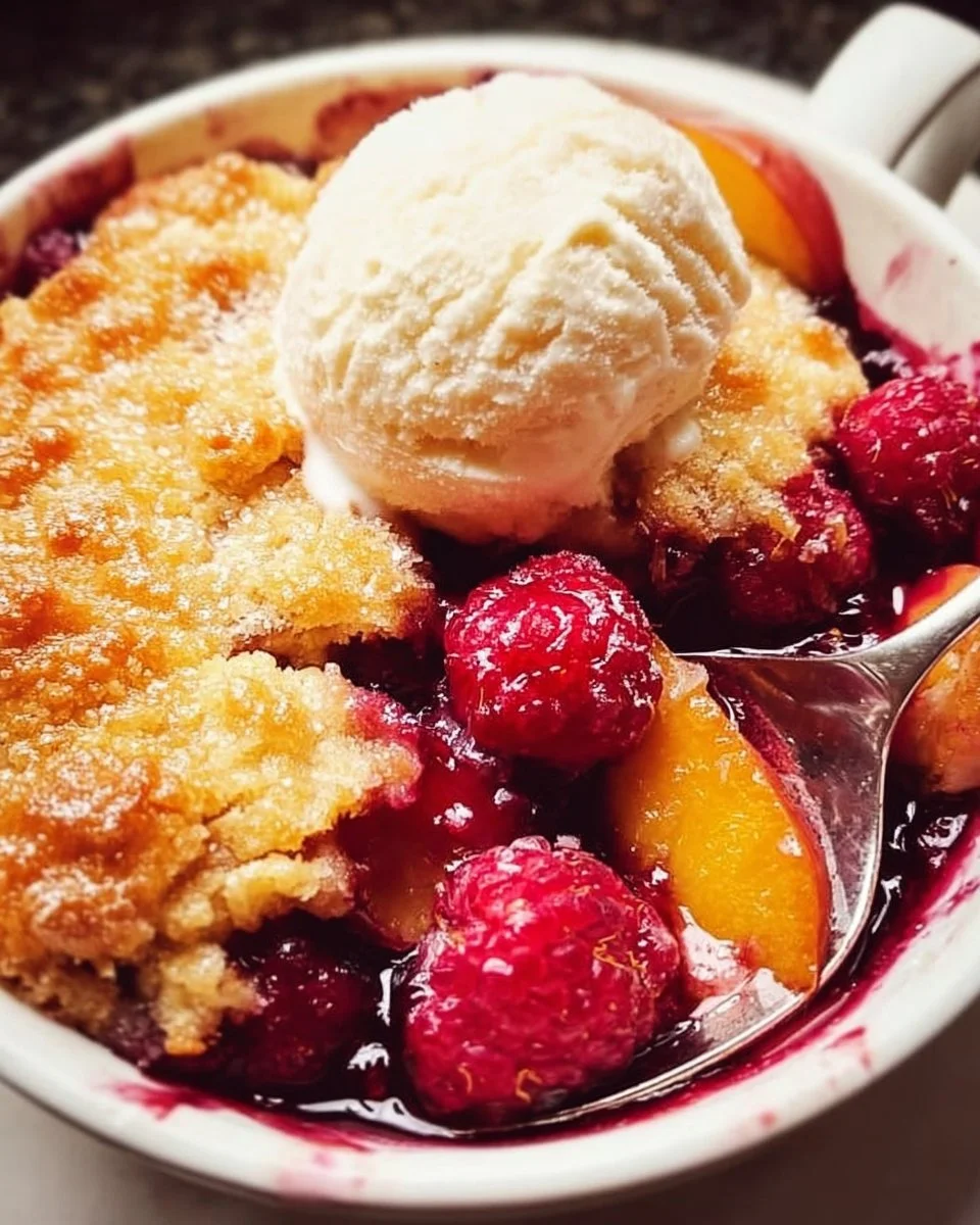 Delicious peach raspberry cobbler fresh out of the oven, served in a dish.