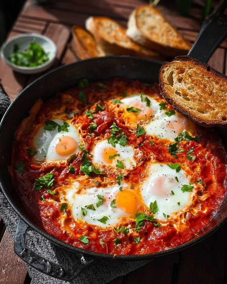 A vibrant dish of Easy Shakshuka with eggs simmered in zesty tomato sauce.
