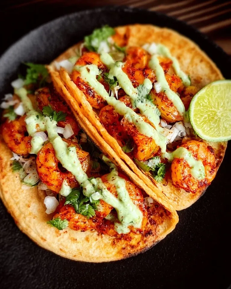 Plate of flavorful spicy shrimp tacos garnished with fresh ingredients