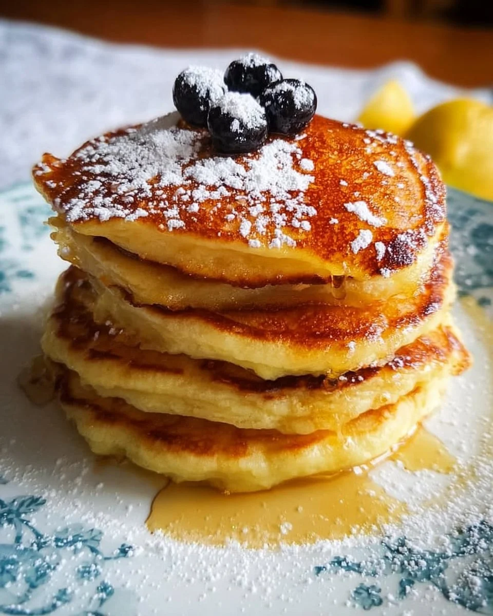 Delicious fluffy lemon ricotta pancakes served with syrup and fresh fruit.
