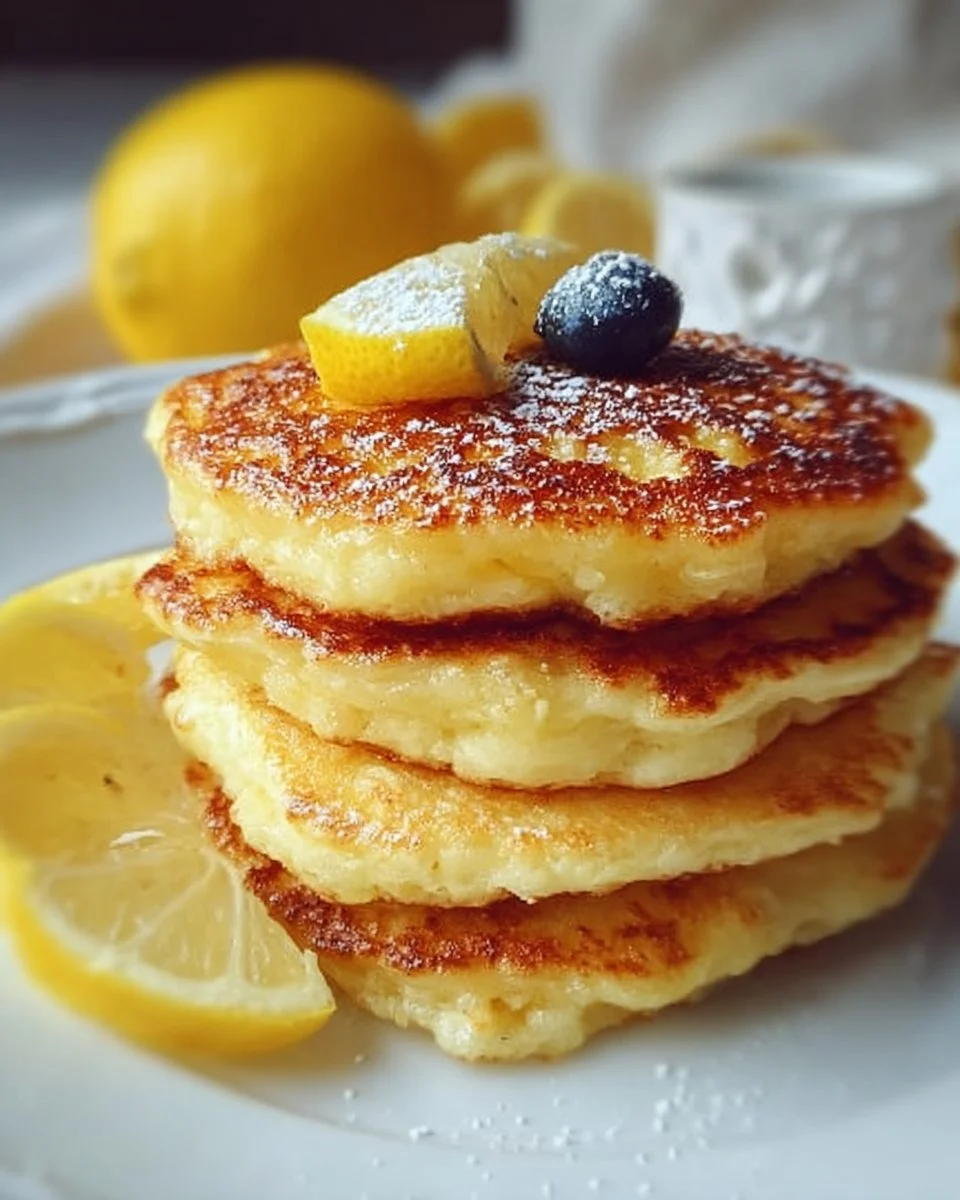 Fluffy lemon ricotta pancakes stacked on a plate with fresh lemon slices