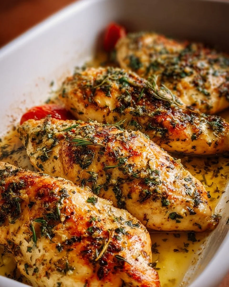 Garlic butter baked chicken breast served with herbs and sides