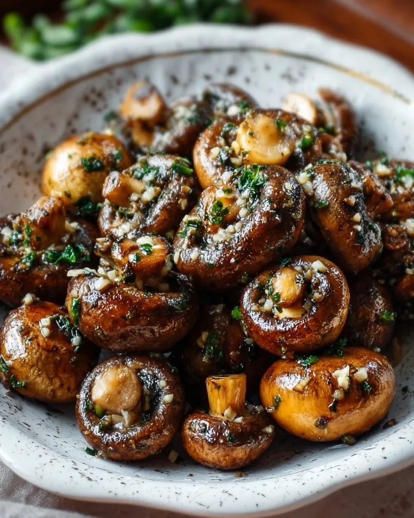 Delicious Garlic Butter Mushrooms served on a plate with herbs.