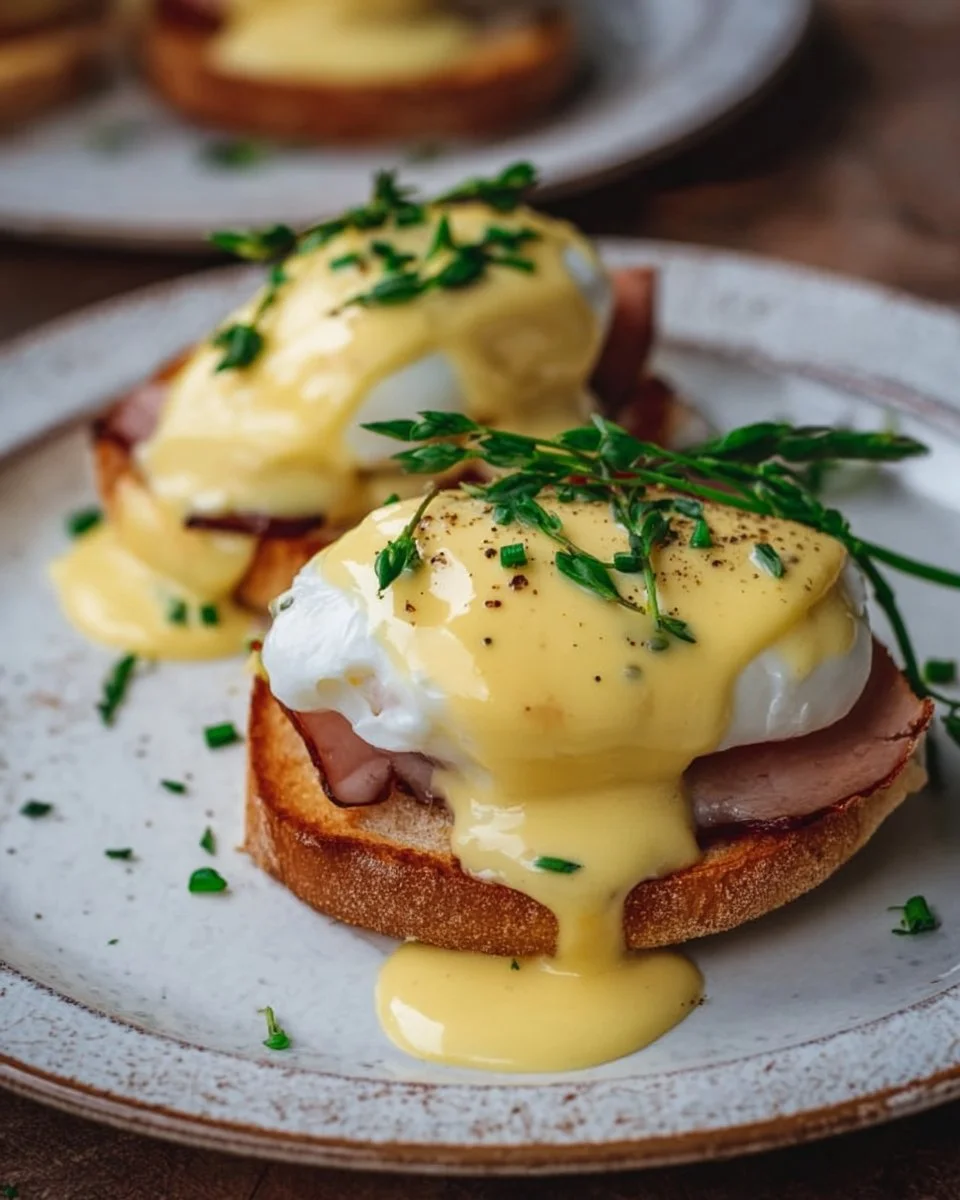 Gordon Ramsay's perfectly plated Eggs Benedict with poached eggs and hollandaise sauce.
