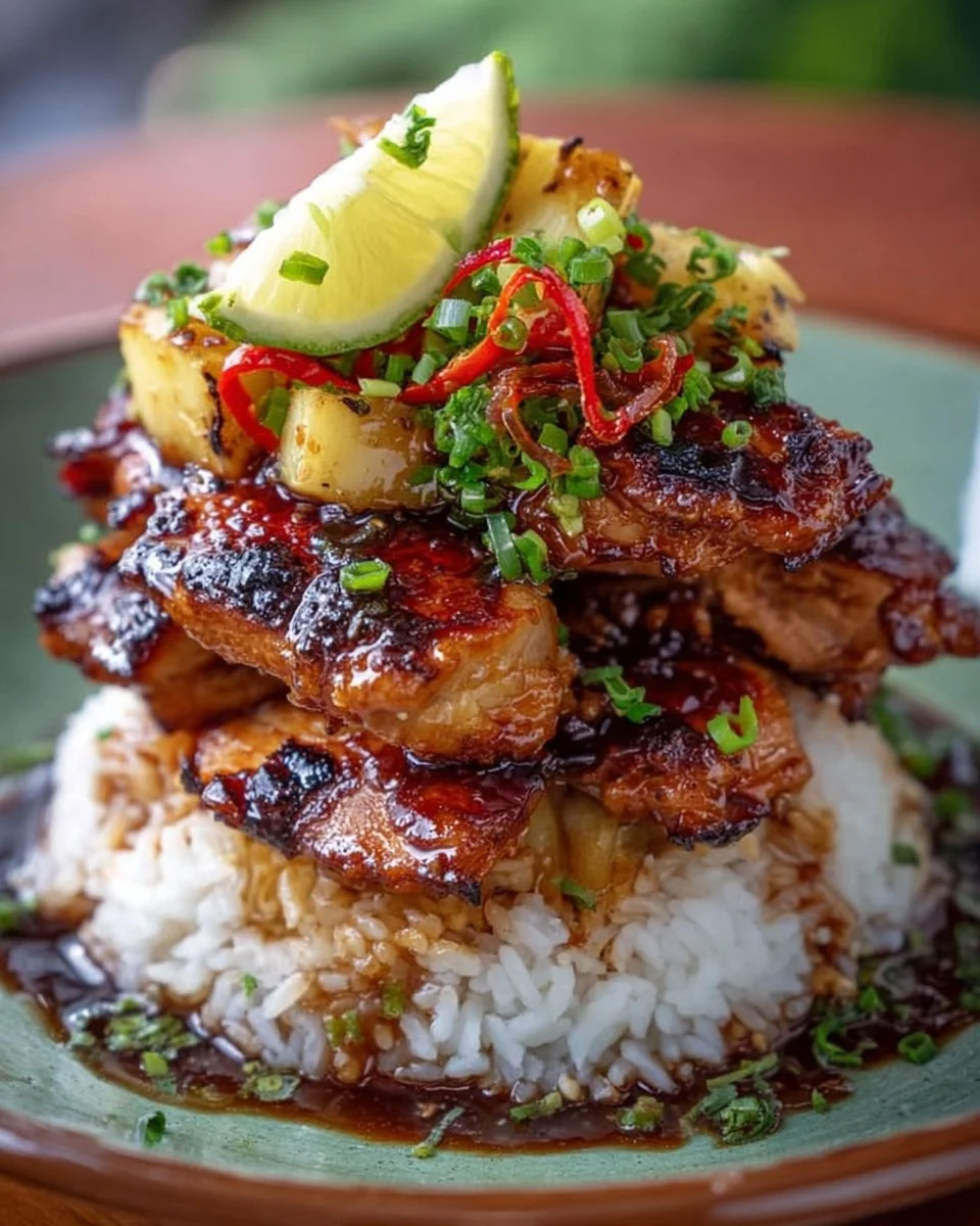 Hawaiian Huli Huli Chicken Stack served on a plate with colorful garnishes