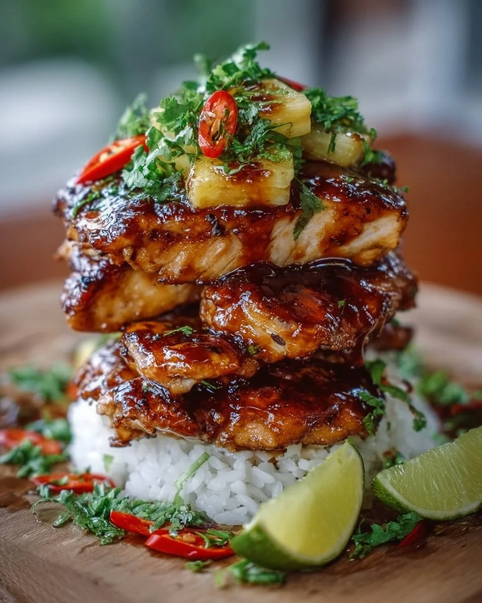 Hawaiian Turn-Turn Chicken Stack served with fresh ingredients and garnishes