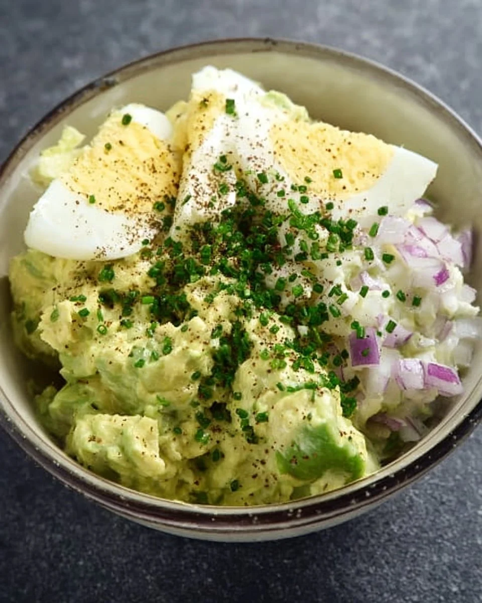 High protein avocado egg salad with fresh ingredients in a bowl