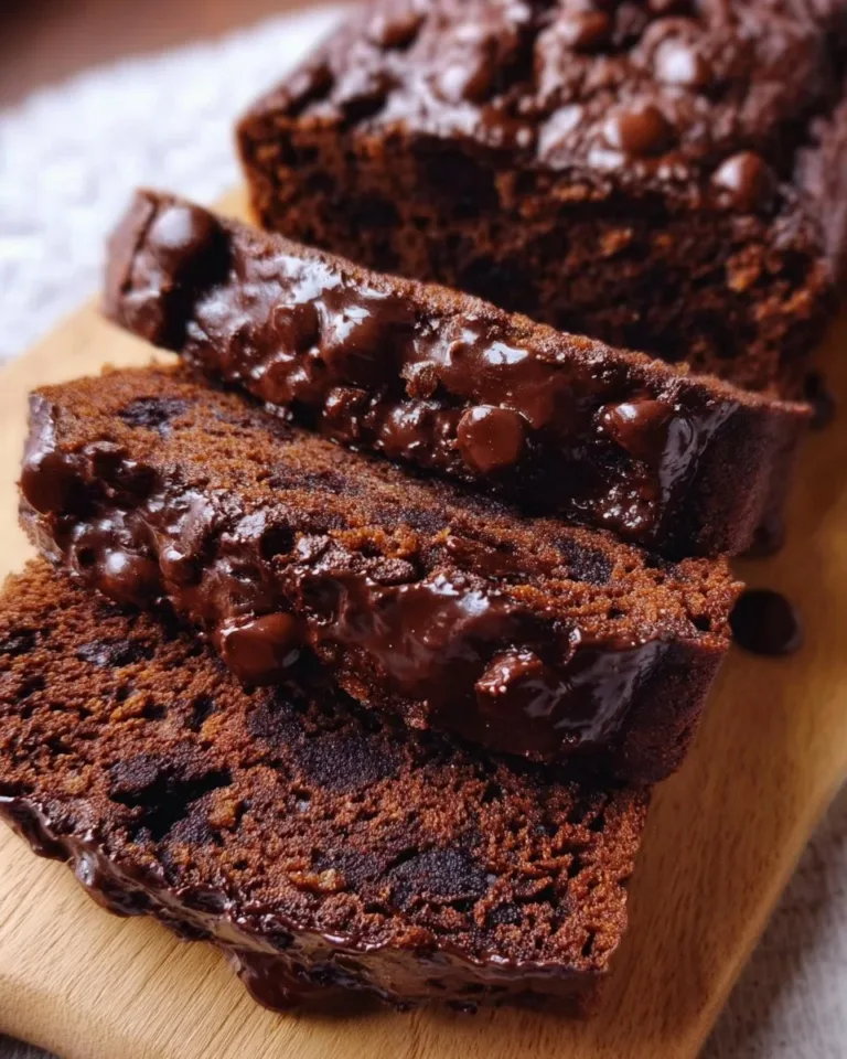 Slice of high protein chocolate banana bread on a wooden table